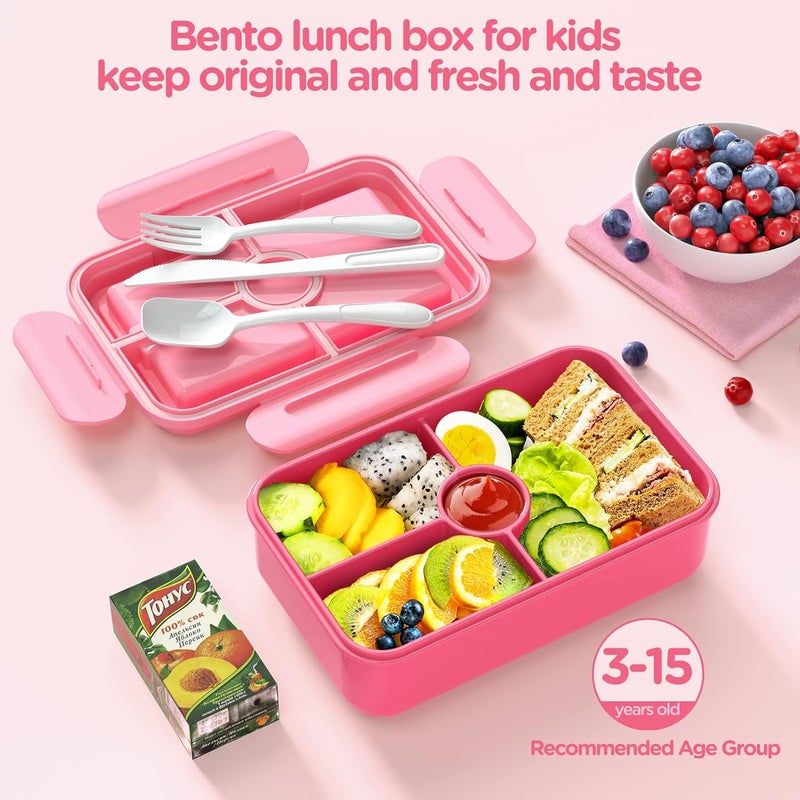 Jelife Kids Lunch Bento Box, Large Bento-Style Leakproof Boxes 4 Compartments Girls Snack Containers with Tableware for Back to School, Reusable On-the-Go Meal and Packing, Pink - Image 2